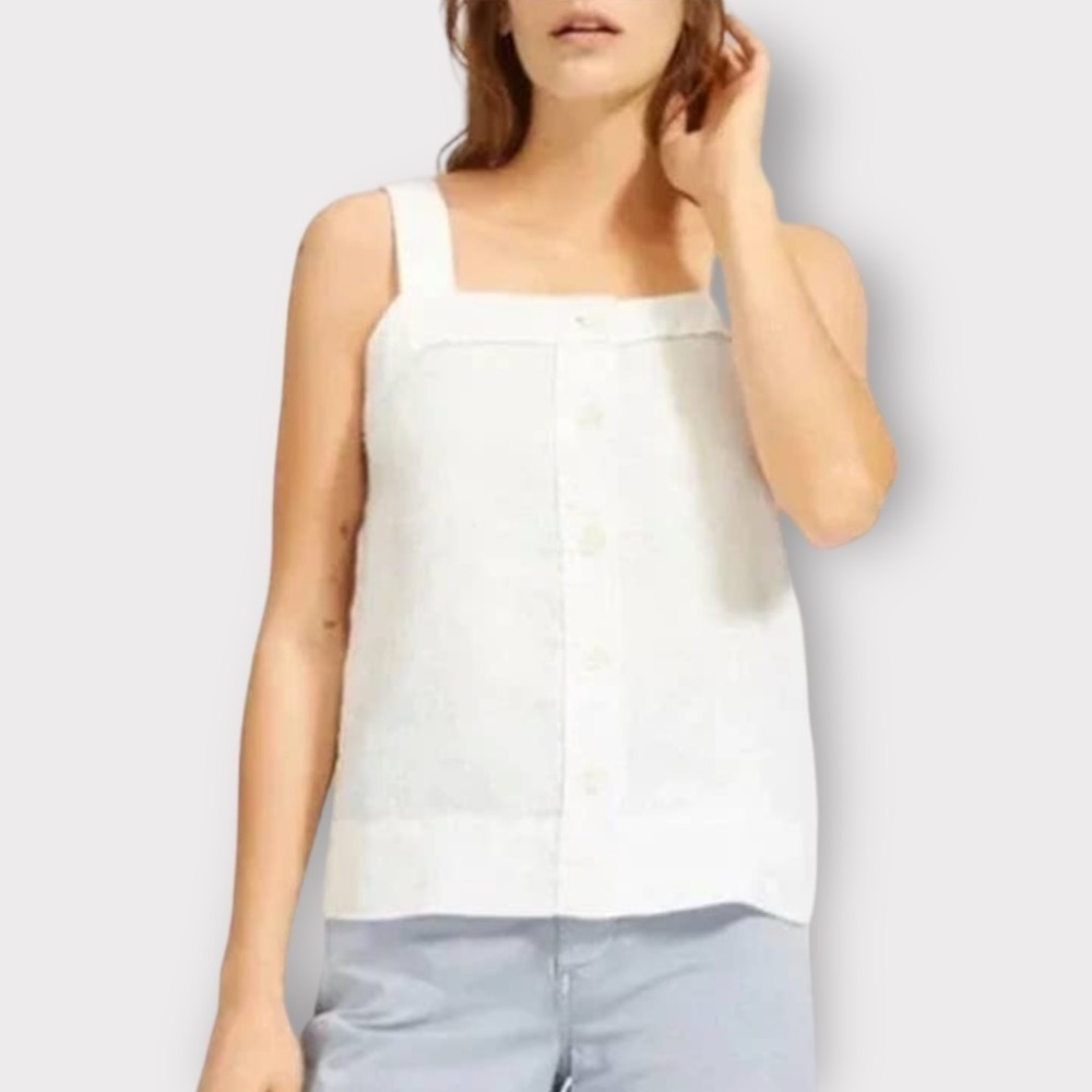 Everlane The Linen Picnic Button Front Square Neck Tank White 14